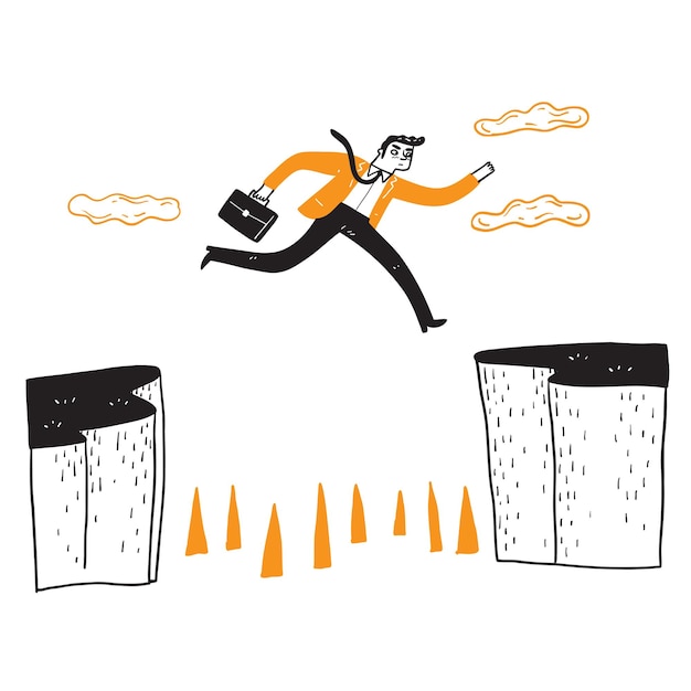 Businessman jumping over the cliff