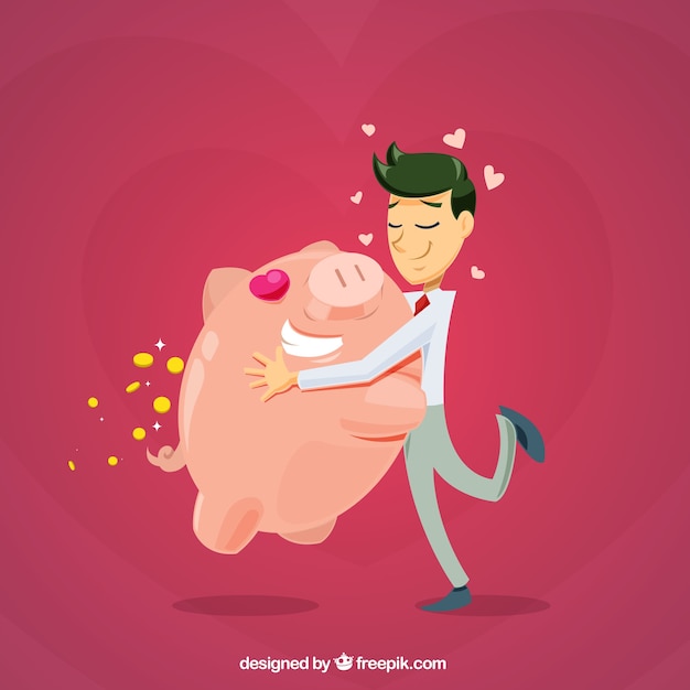 Businessman love background with his piggy bank