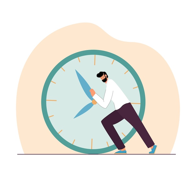 Free vector businessman pushing hands of clock backward. pressure of deadline and business tasks for late tiny man flat vector illustration. time management concept for banner, website design or landing web page