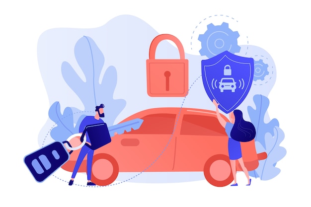 Free Vector businessman with car remote key and woman with shield at car with padlock. car alarm system, anti-theft system, vehicle thefts statistics concept