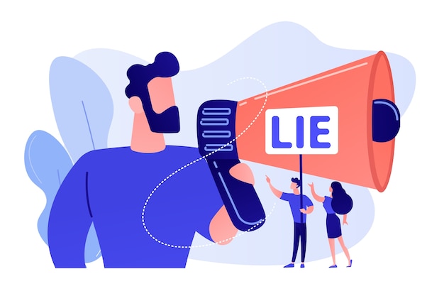 Businessman with huge megaphone cheating and tiny people holding word lie. Cheating in competition, cheater person, game cheats use concept. Pinkish coral bluevector isolated illustration