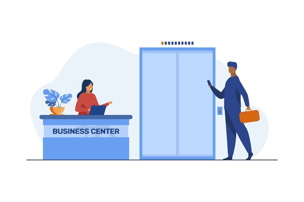 Businessman with suitcase coming to business center. Reception, job, occupation Flat illustration.