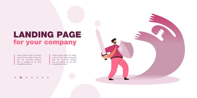 Businessman with sword and shield fighting against shadow. Ego or anxiety threatening man flat vector illustration. Fear, conflict, phobia, challenge concept for banner, website design or landing page