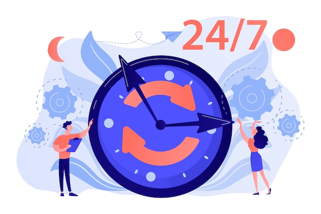 Free Vector businessman and woman near huge clock with round arrows working 24 7. 24 7 service, business time schedule, extended working hours concept illustration