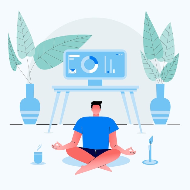 Free Vector businessman work from home & sits with crossed legs and meditates in the house. dressed in home clothes.  flat illustration.
