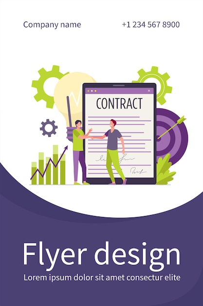 Businessmen signing contract with electronic signature flat Flyer template