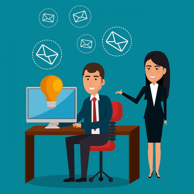 businesspeople in the office with e-mail marketing icons