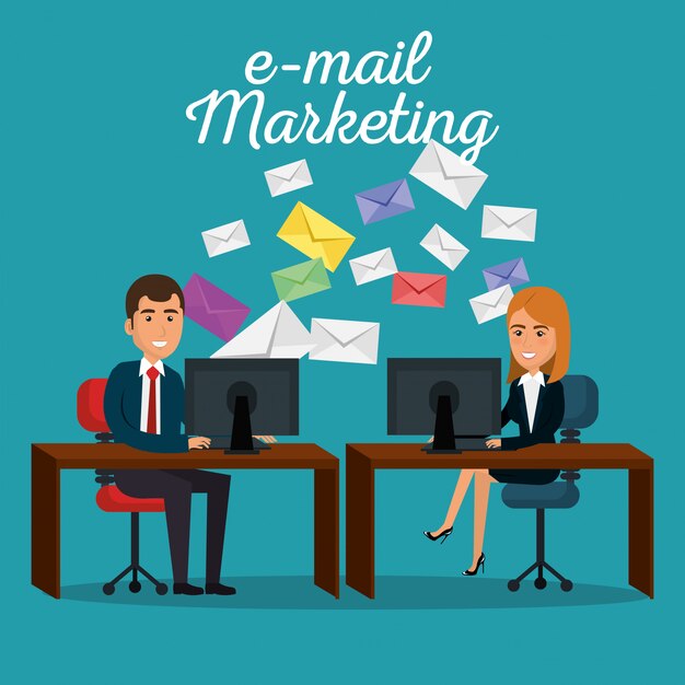 businesspeople in the office with e-mail marketing icons