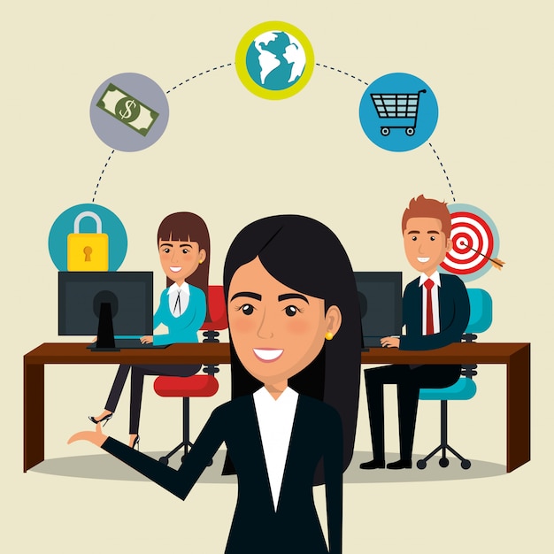 Free Vector businesspeople in the office with e-mail marketing icons