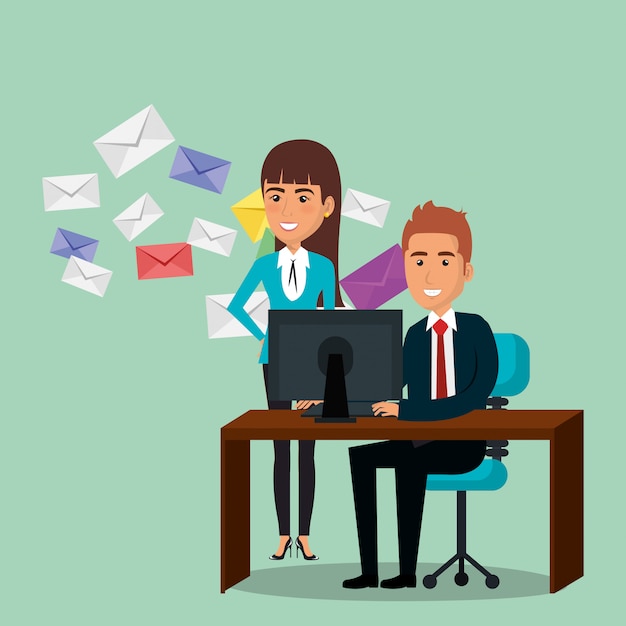 businesspeople in the office with e-mail marketing icons