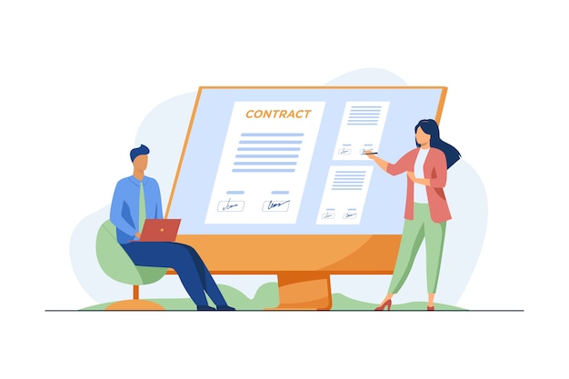 Businesspeople signing contract online. Partners affixing signatures to document on monitor flat vector illustration. Internet, global business