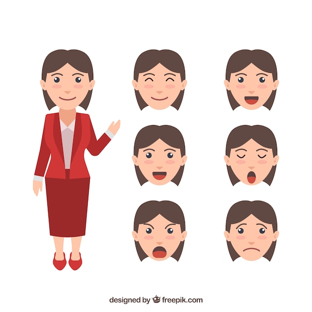 Free Vector businesswoman character with expressive faces in flat design