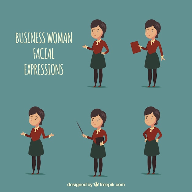 Free Vector businesswoman character with five different facial expressions