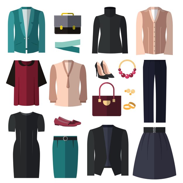 Businesswoman clothes and accessories   set. Elegance fashion clothe for business style.