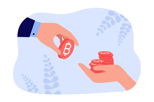 Businesswoman giving bitcoin to hand holding out dollar coins. Investment of person in cryptocurrency flat vector illustration. Digital money concept for banner, website design or landing web page