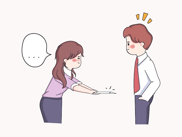 Businesswoman giving a white letter to businessmanHand drawn doodle style