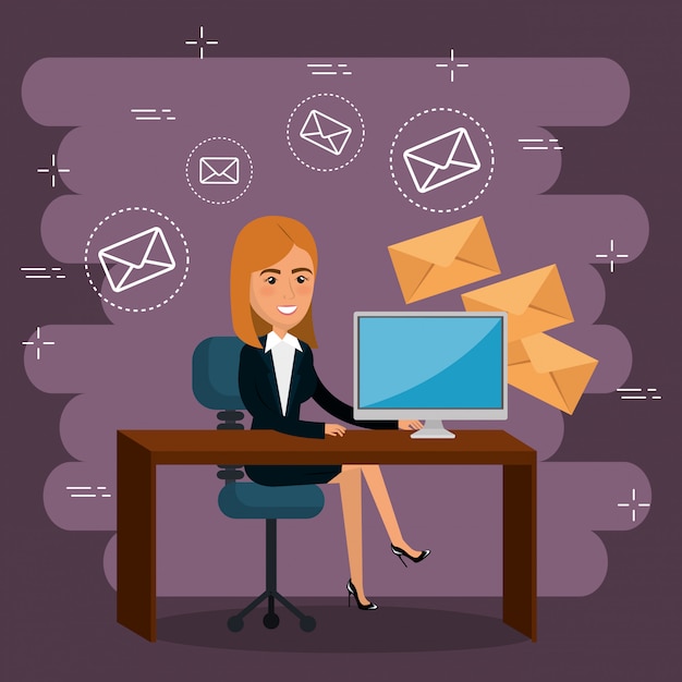 Free Vector businesswoman in the office with e-mail marketing icons