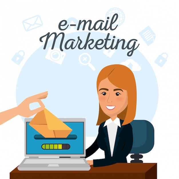 businesswoman in the office with e-mail marketing icons