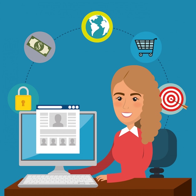 businesswoman in the office with e-mail marketing icons