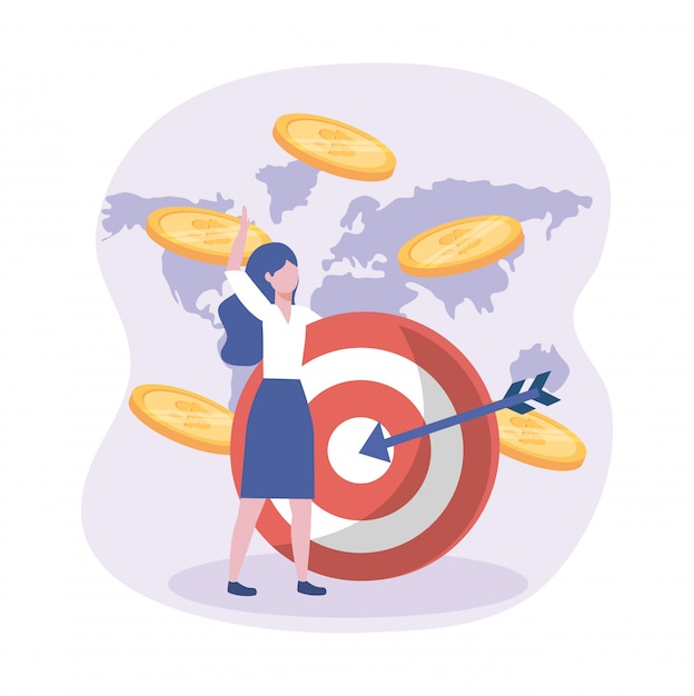 Free Vector businesswoman and target with arrow and coins with global map