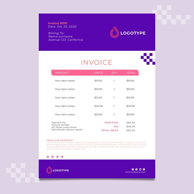 Businesswoman template invoice in white and purple