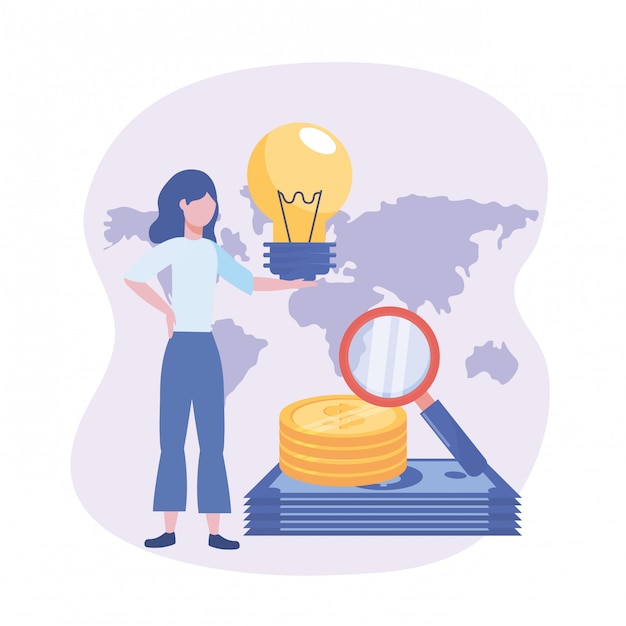 Businesswoman with bulb idea and coins and bills