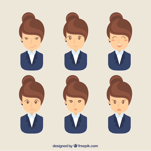 Free Vector businesswoman with six facial expressions in flat design