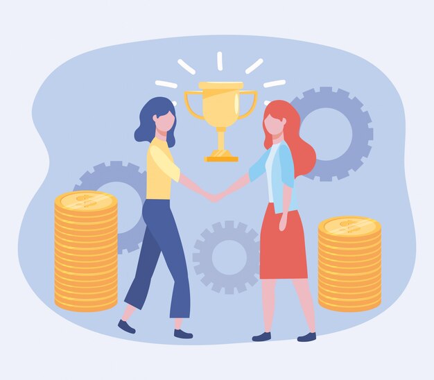 Businesswomen with cup prize and coins with gears