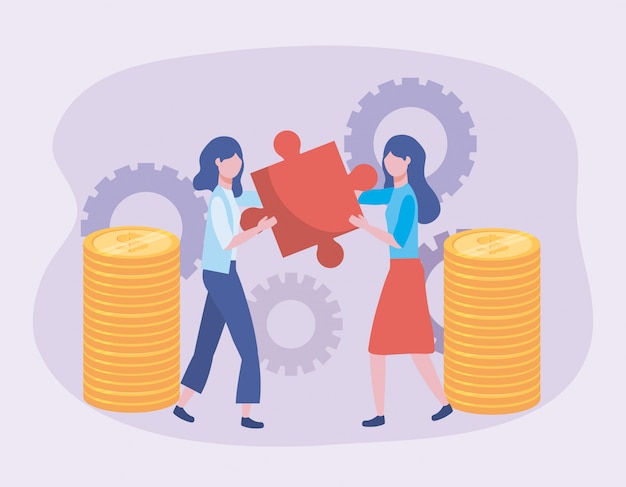 Free Vector businesswomen with puzzle and coins with gears technology