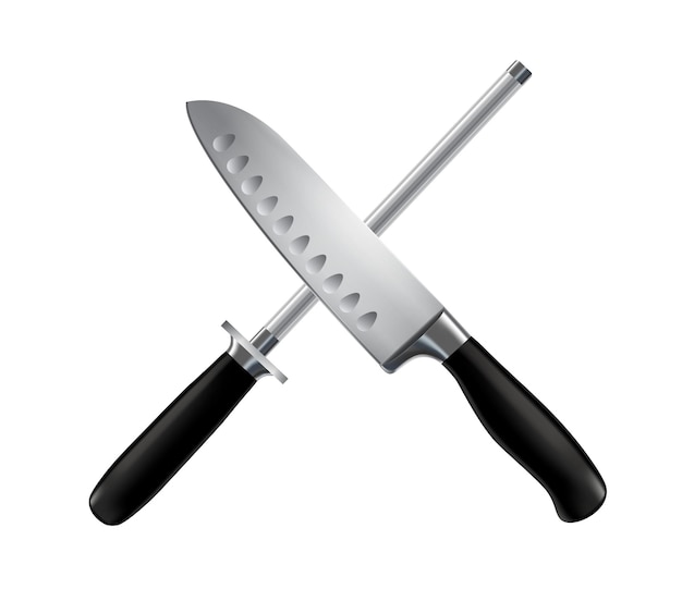 Butcher knife and sharpening chef steel stainless with black handles crossed close up realistic image  illustration