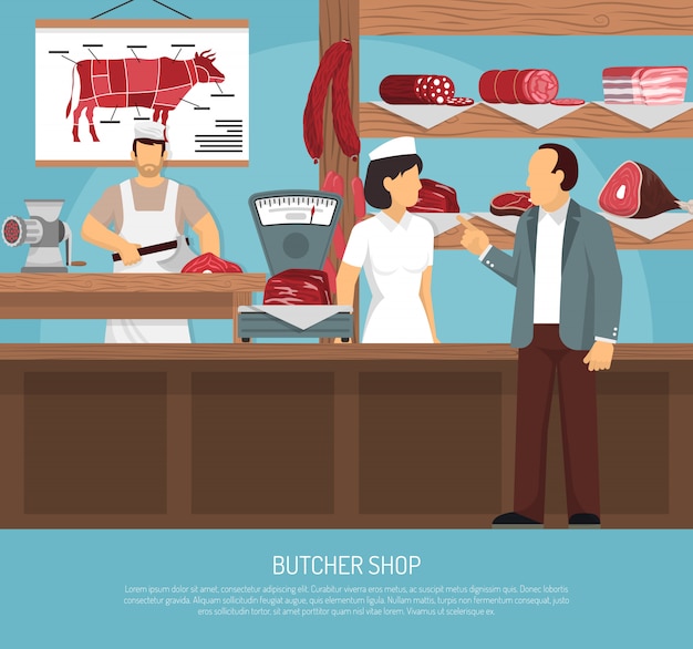 Free Vector butcher meat shop flat poster