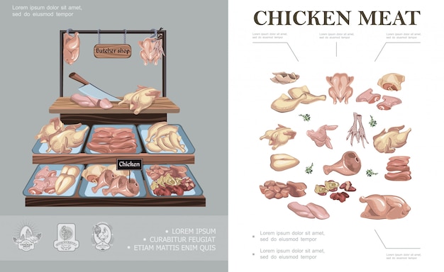 Free Vector butcher shop colorful composition with chicken legs wings thigh feet breast neck fillet ham liver heart on counter