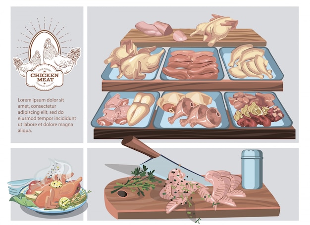 Free Vector butcher shop composition with different chicken meat parts on counter and roasted chicken on plate