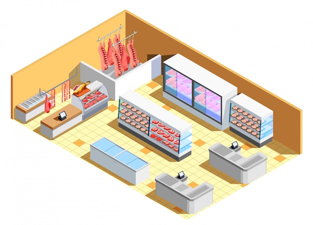 Free Vector butcher shop interior isometric scene