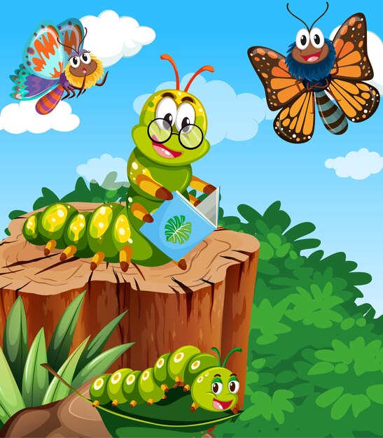 Butterflies and worm reading book are living in the garden scene at daytime