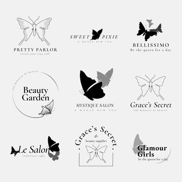 Free Vector butterfly logo template, beauty business, black creative flat graphic vector set