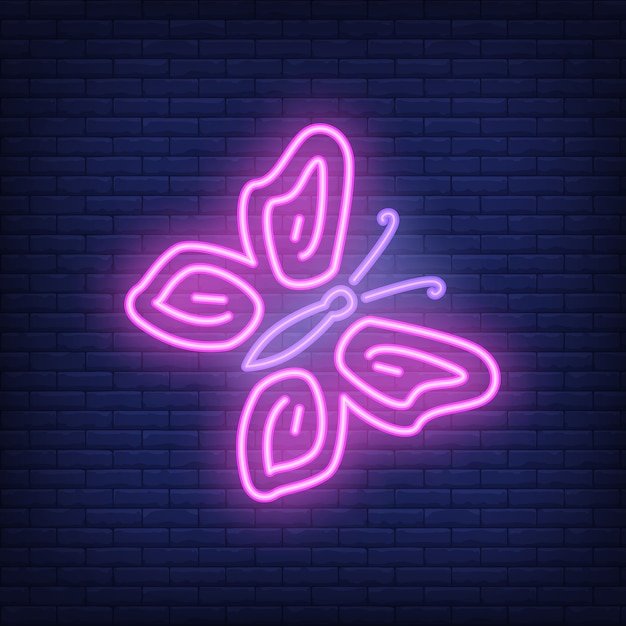 Free Vector butterfly neon sign. glowing beautiful insect on dark brick wall background.