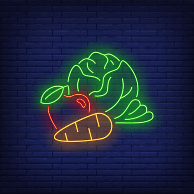 Free vector cabbage, apple and carrot neon sign.