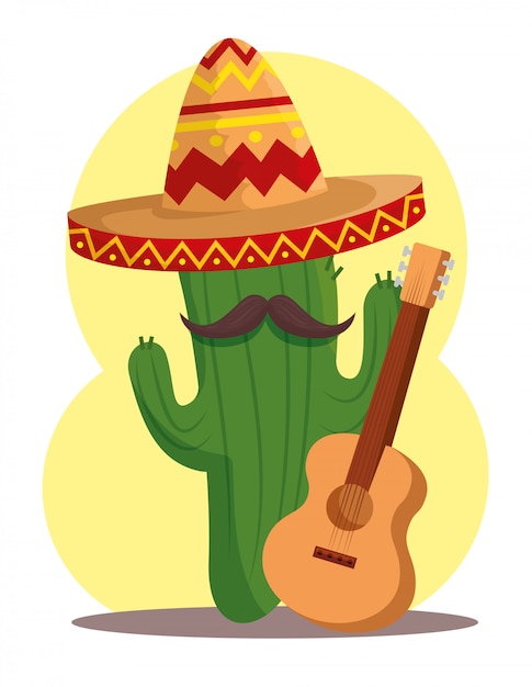 Cactus plant with hat and guitar for day of the dead