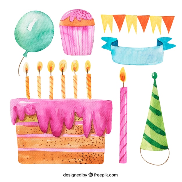 Free Vector cake background with other watercolor birthday elements