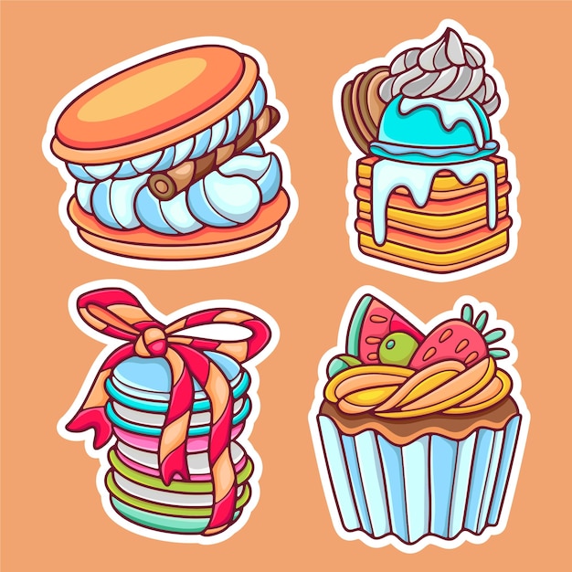 Free Vector cake and bakery sticker icons hand drawn coloring vector