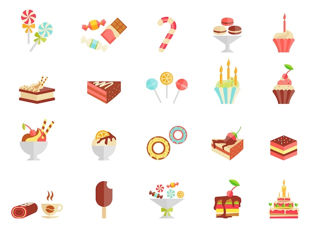 Cake candy and ice cream icons with assorted slices and wedges of cake