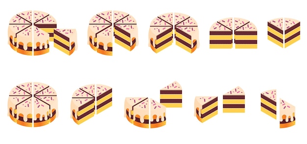 Free Vector cakes for events isometric set of isolated icons with round cake cut into slices individual pieces vector illustration