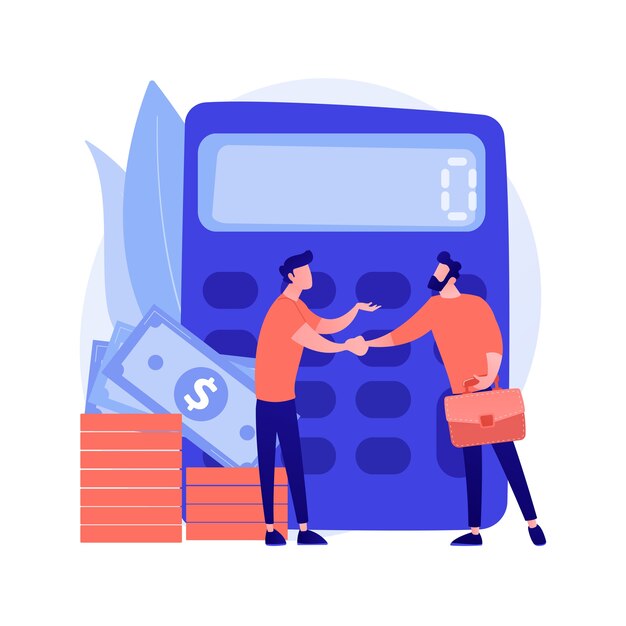 Calculator with number. Financial deal. Confirming with handshake. Calculating operation, audit, venture capital. Economical partnership. Vector isolated concept metaphor illustration.