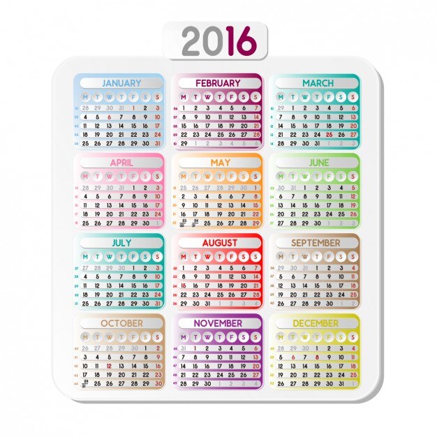 Calendar of 2016 with colorful squares