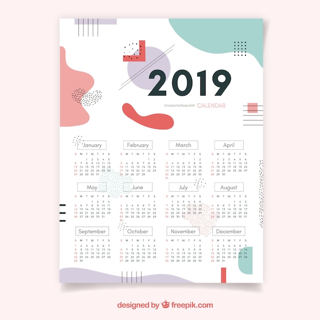 Calendar for 2019 in flat design