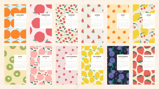 Free Vector calendar 2021 printable vector template with cute fruit background set