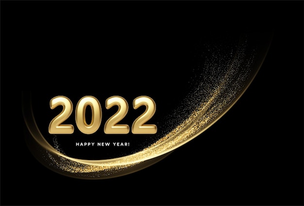 Calendar header 2022 with golden waves swirl with golden sparkles on black background. Happy new year 2022 golden waves background. Vector illustration