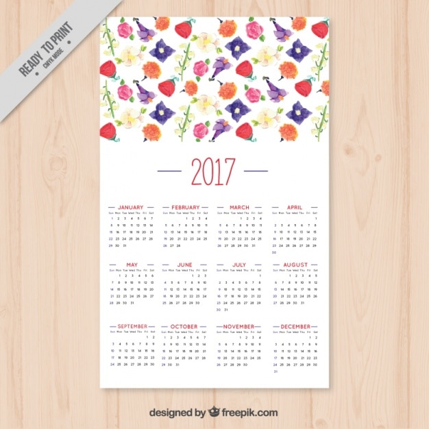 Free Vector calendar with watercolor flowers