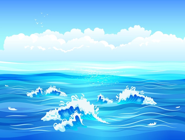 Calm sea or ocean surface with small waves and blue sky flat illustration